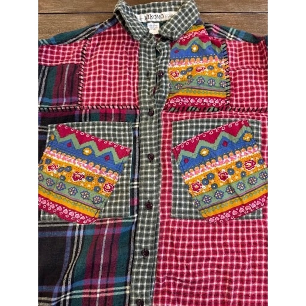 VTG Classic Kikomo Patchwork Flannel Shirt Button-Up Multi-Pattern Hearts Small - Picture 2 of 6